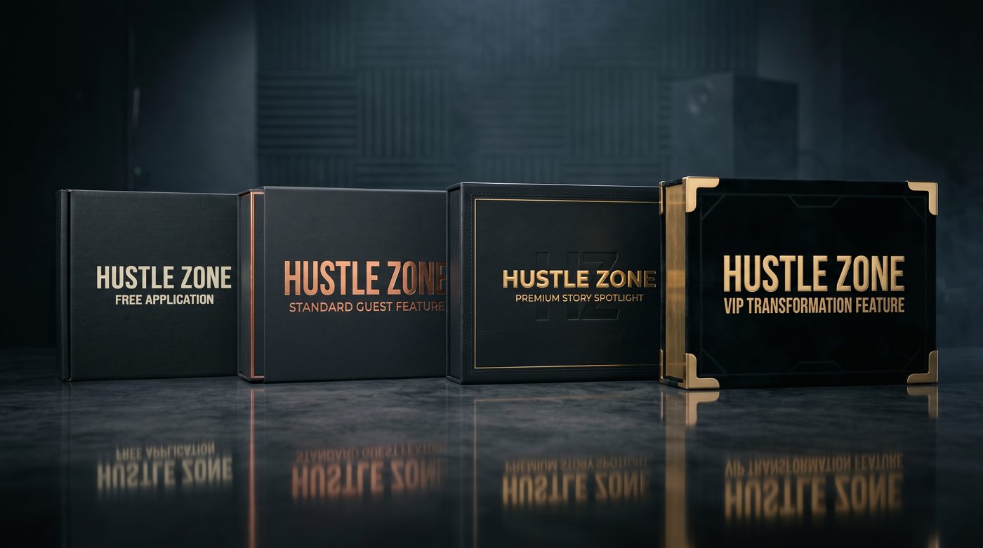 Hustle Zone — Free Application, Standard Guest Feature, Premium Story Spotlight, and VIP Transformation Feature product boxes by Bow Tie Kreative
